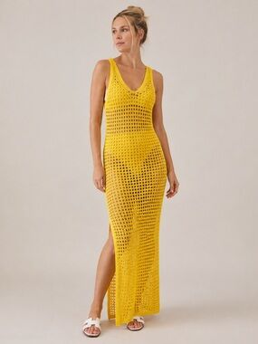 Shade & Shore Yellow Crochet Maxi Swim Cover-Up